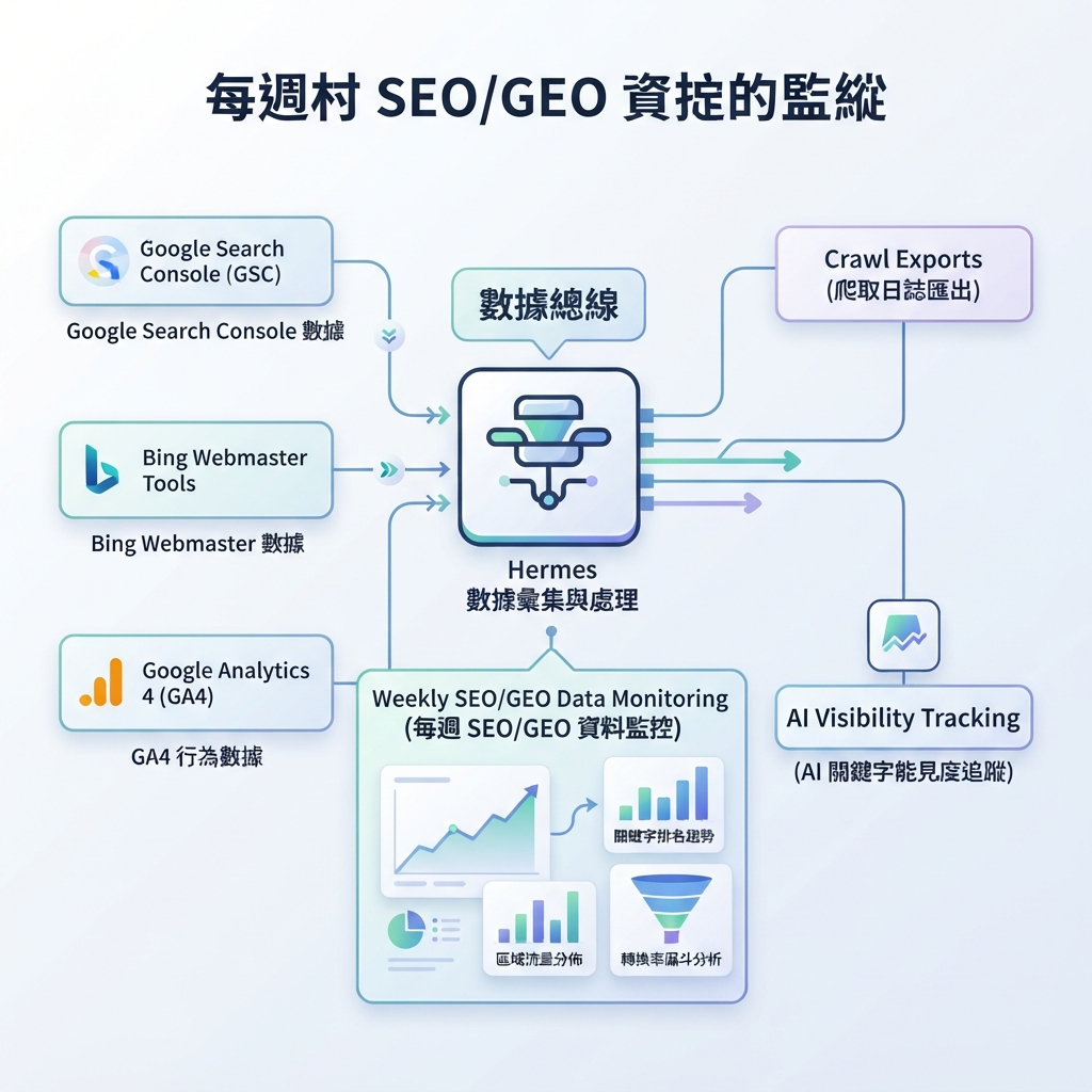 展示每週 SEO/GEO 監控閉環的圓形工作流圖：匯出資料、Hermes 診斷、機會評分、人工審批、頁面更新、下週衡量。