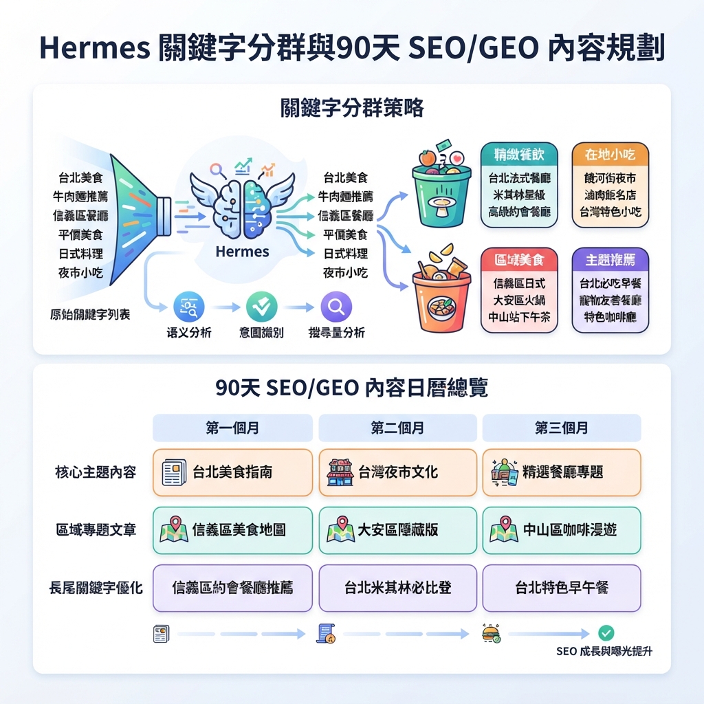 教學矩陣：Hermes 如何把關鍵詞叢集對映到意圖、頁面型別、GEO 提示詞和內部連結目標。