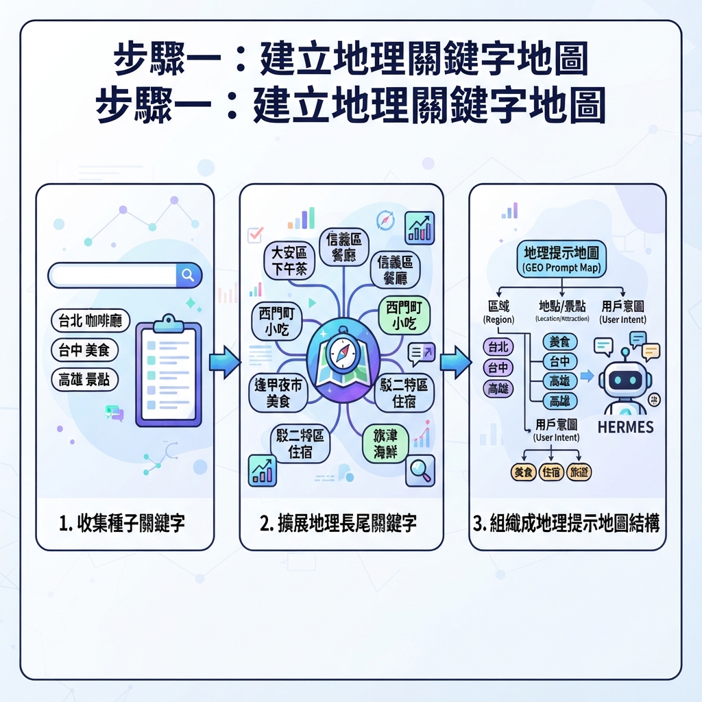 GEO 提示詞庫的電子表格式追蹤表，包含 prompt、type、target page、brand mention、cited URL、gap 和 next action 等列。