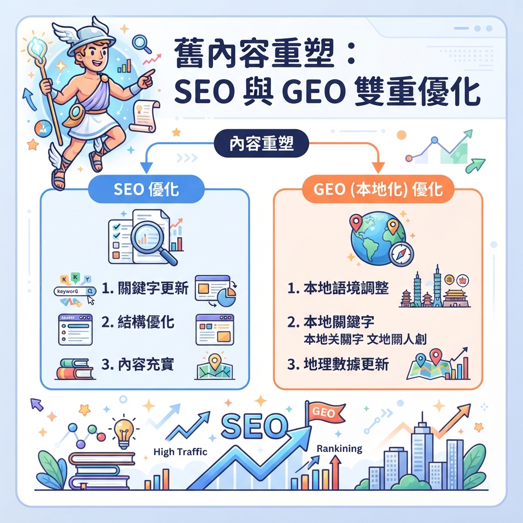 前後對比圖：舊文章變成 GEO-ready 頁面，包含簡短答案、更新事實、診斷表、基於提示詞的 FAQ、內部連結和 QA 清單。