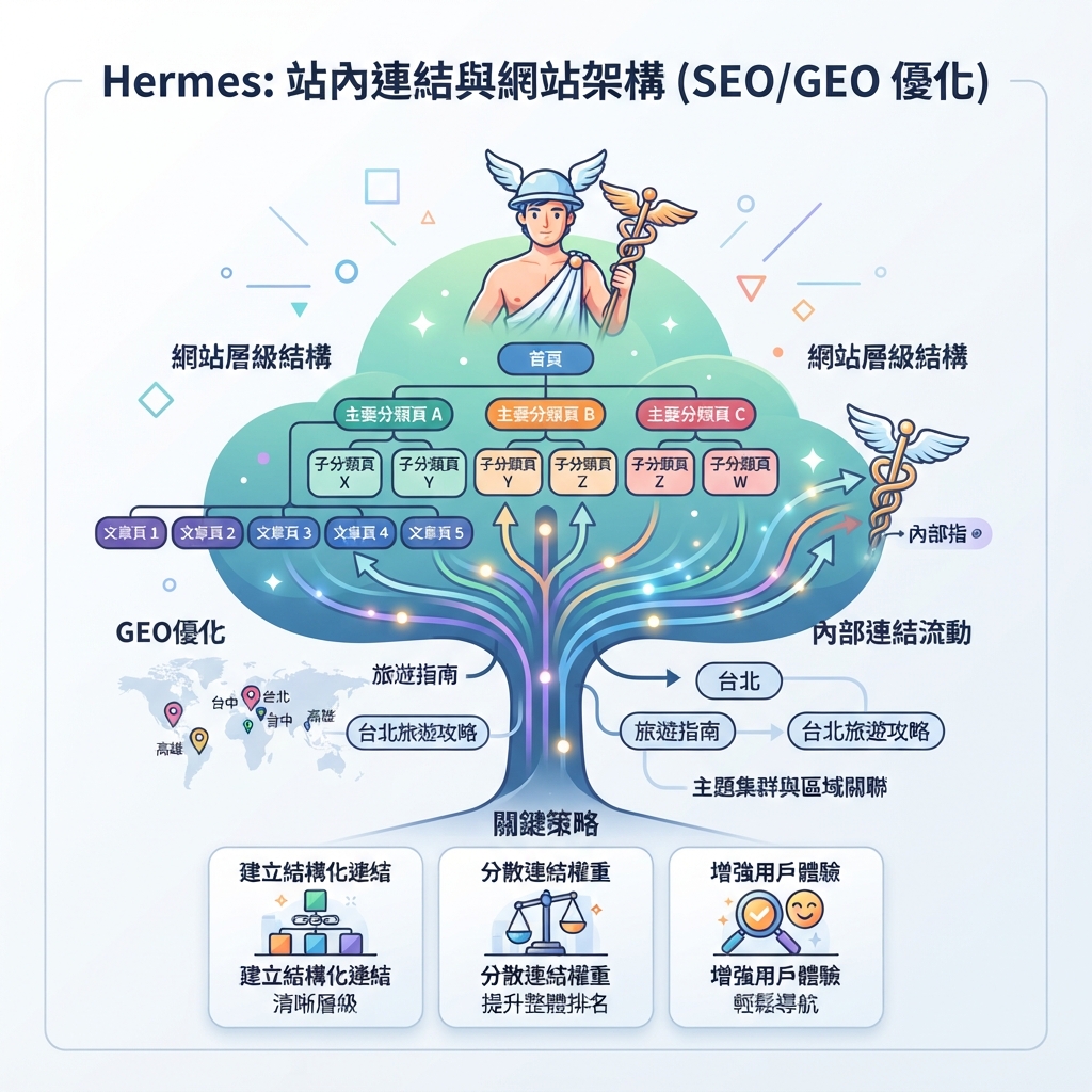 教學審計流程圖：Hermes 如何審查內容庫存、發現 hubs 和孤立頁面、匹配 anchors、檢查相關性，並將內部連結改動傳送給人工審批。