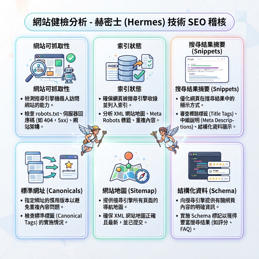 六項技術 GEO 資格檢查清單：URL 可抓取、頁面可索引、摘要資格、正確 canonical、乾淨 sitemap 和有效結構化資料。