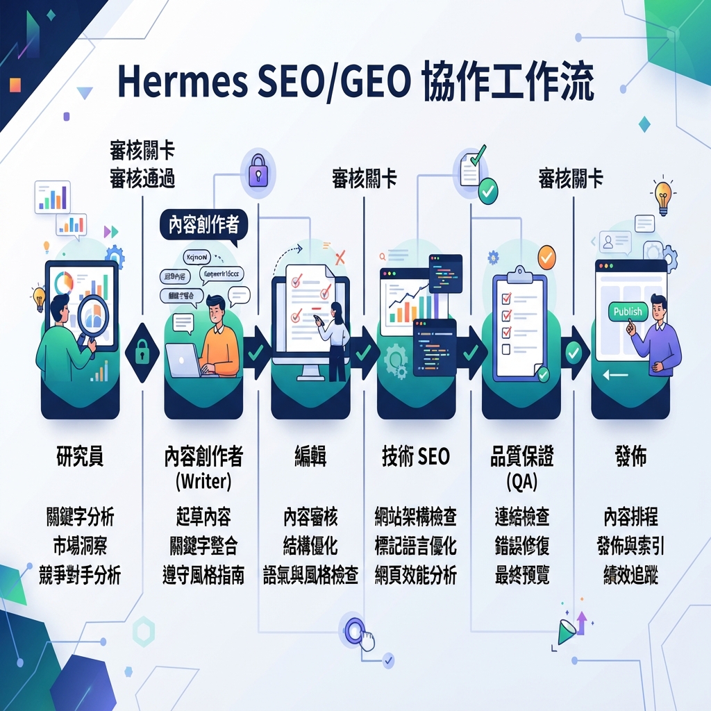 工作流圖：Research、Brief、Draft、Edit、Technical QA、Human Approval 和 Publish Package 階段，帶角色標籤和審批門。
