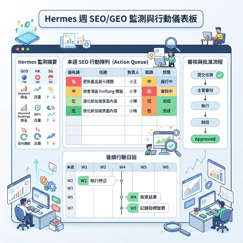 儀表盤風格圖：每週 SEO/GEO 監控報告包含執行摘要、資料來源、核心動作、勝利、風險、GEO watch 和跟進小節。