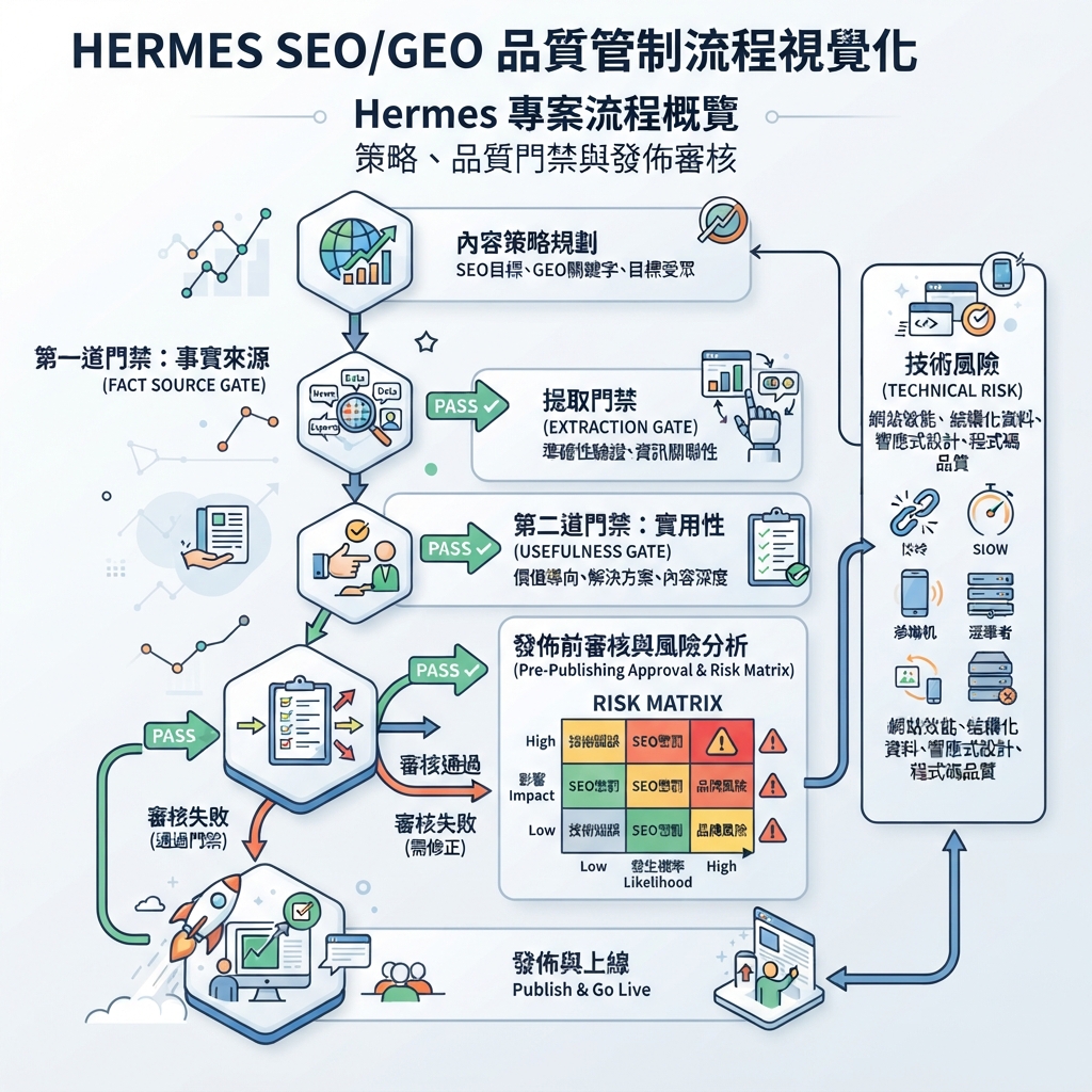 風險矩陣圖：按影響和可能性展示 AI SEO 風險，包含監控、審查、阻止和升級區域。