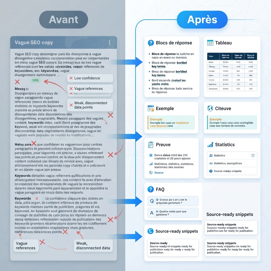 Diagramme avant-après d’extraction de contenu montrant un texte SEO vague reconstruit en blocs de réponse, tableaux, exemples, preuves et FAQ.