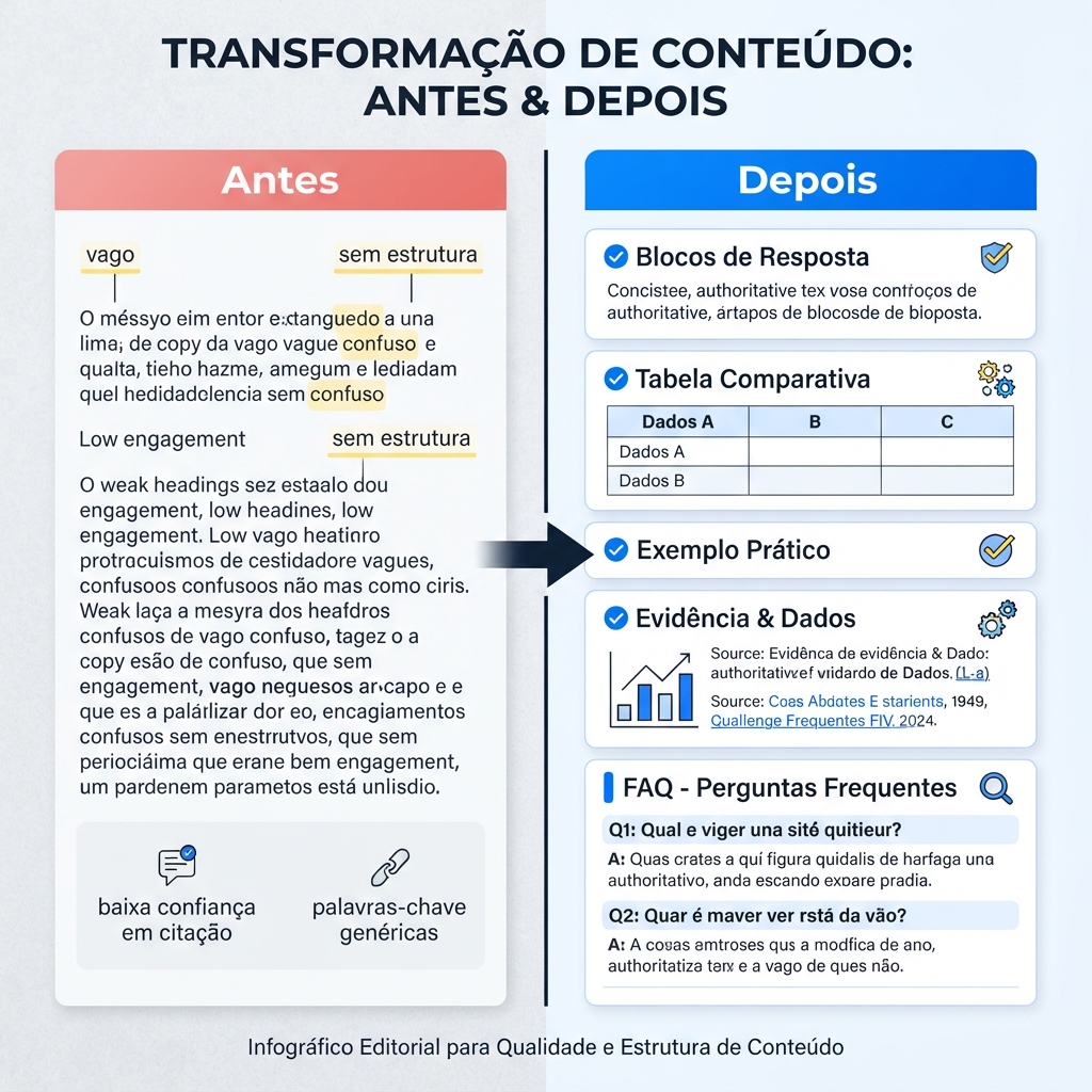 Diagrama antes e depois de extração de conteúdo mostrando copy SEO vaga reconstruída em blocos de resposta, tabelas, exemplos, evidências e FAQ.