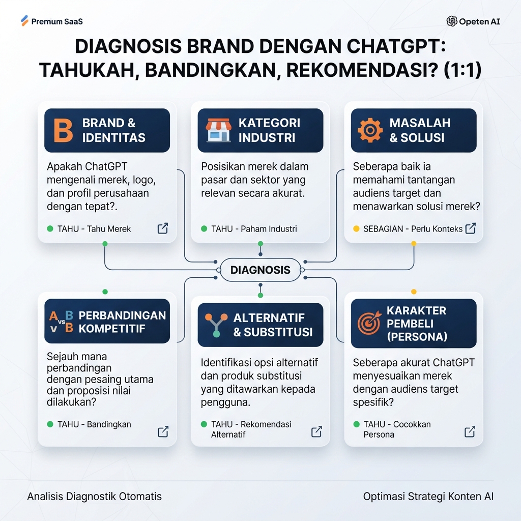 Grid prompt diagnostik untuk memeriksa apakah ChatGPT mengenal, membandingkan, mengutip, atau merekomendasikan sebuah brand.