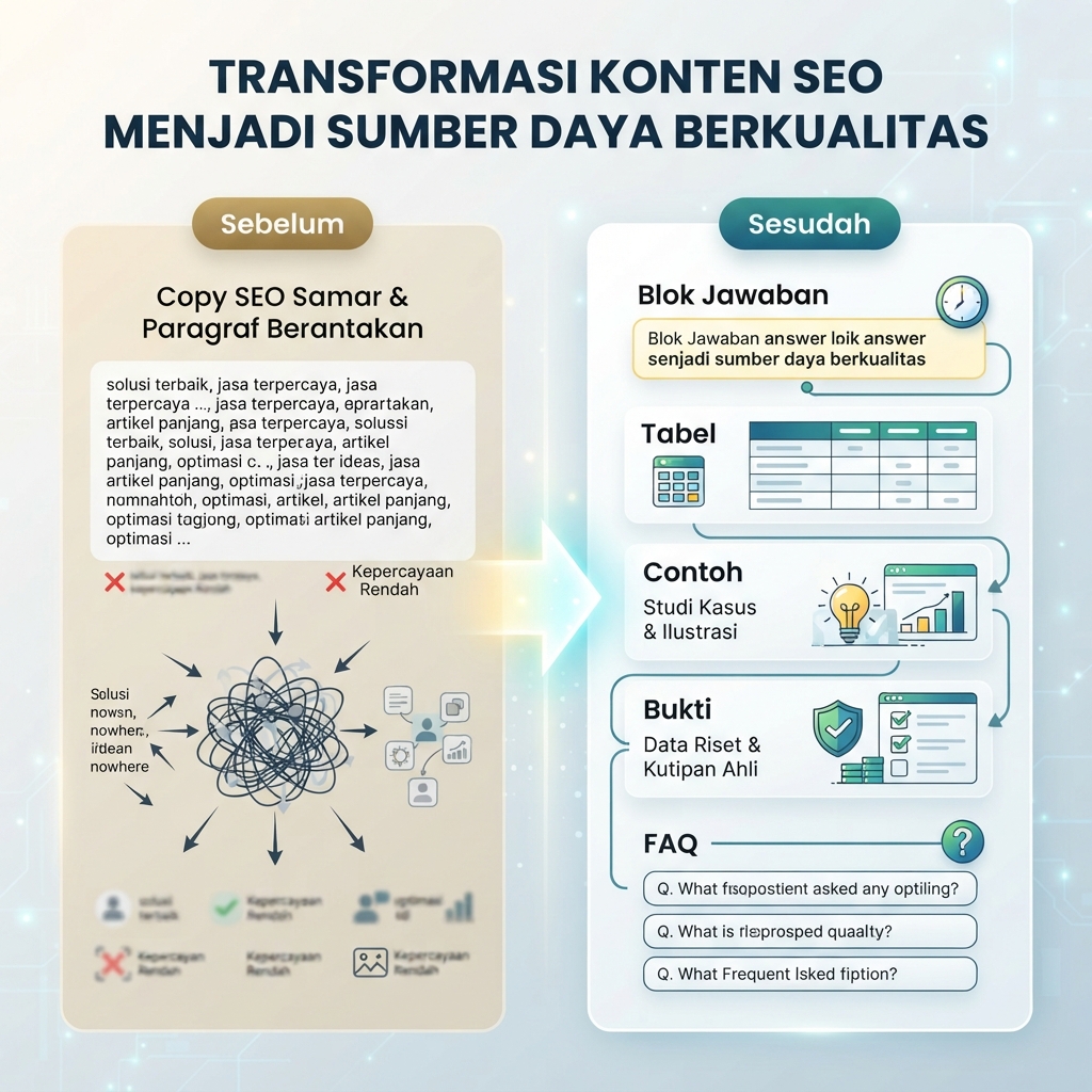 Diagram sebelum-sesudah ekstraksi konten yang menunjukkan copy SEO samar dibangun ulang menjadi blok jawaban, tabel, contoh, bukti, dan FAQ.