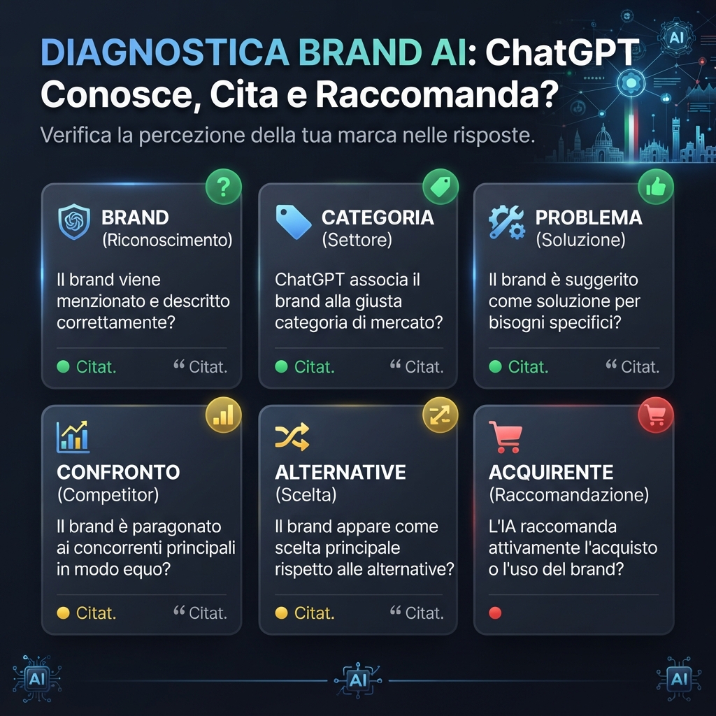 Griglia di prompt diagnostici per verificare se ChatGPT conosce, confronta, cita o consiglia un brand.