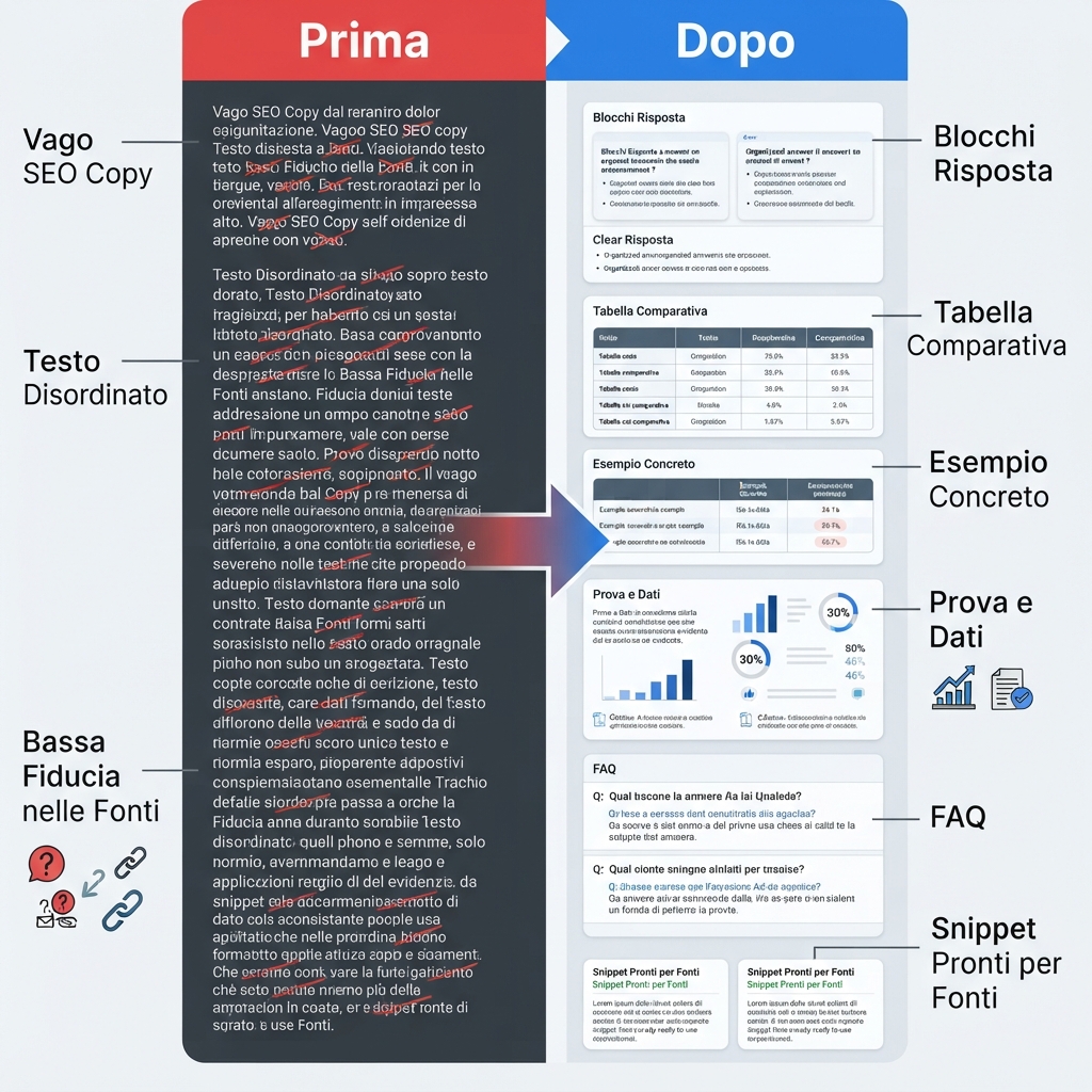 Diagramma prima-dopo di estrazione del contenuto che mostra copy SEO vago ricostruito in blocchi di risposta, tabelle, esempi, prove e FAQ.