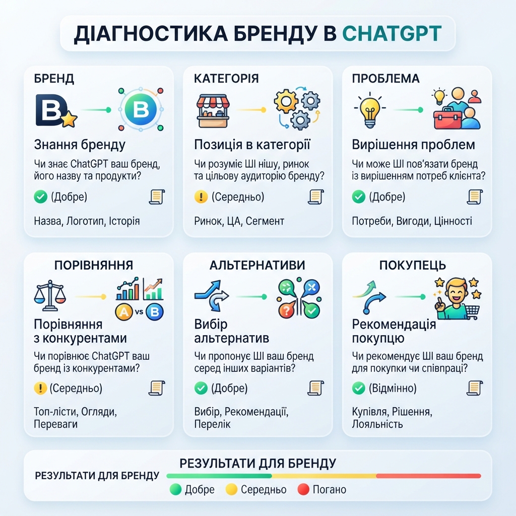 Діагностична сітка prompts для перевірки, чи ChatGPT знає, порівнює, цитує або рекомендує бренд.