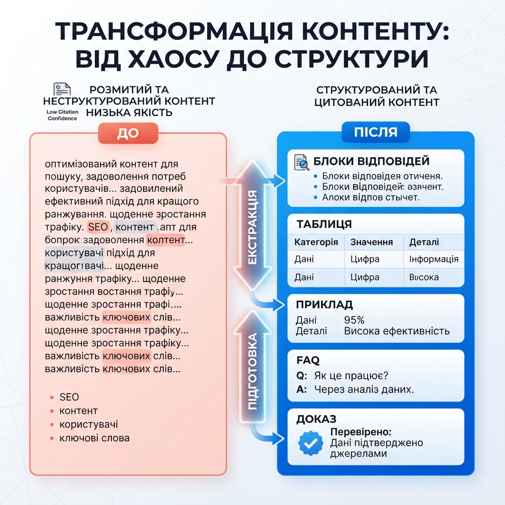 Діаграма до і після extraction: розмитий SEO-текст перебудовано в блоки відповідей, таблиці, приклади, докази та FAQ.
