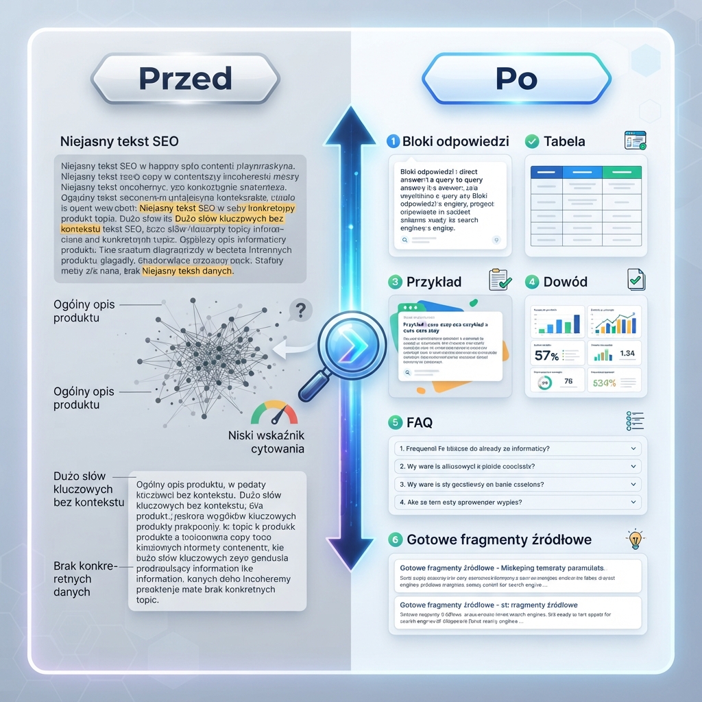 Diagram przed i po ekstrakcji contentu pokazujący, jak niejasny tekst SEO zostaje przebudowany w bloki odpowiedzi, tabele, przykłady, dowody i FAQ.
