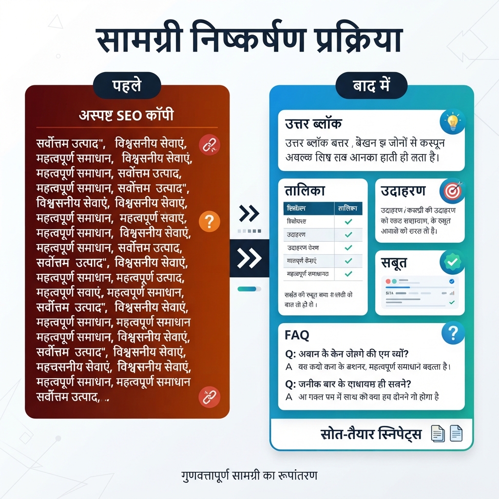 Beके लिएe-after content निकालनाion diagram जिसमें vague SEO कॉपी को answer blocks, tables, उदाहरणs, सबूत और FAQ में फिर से बनाना किया गया है।