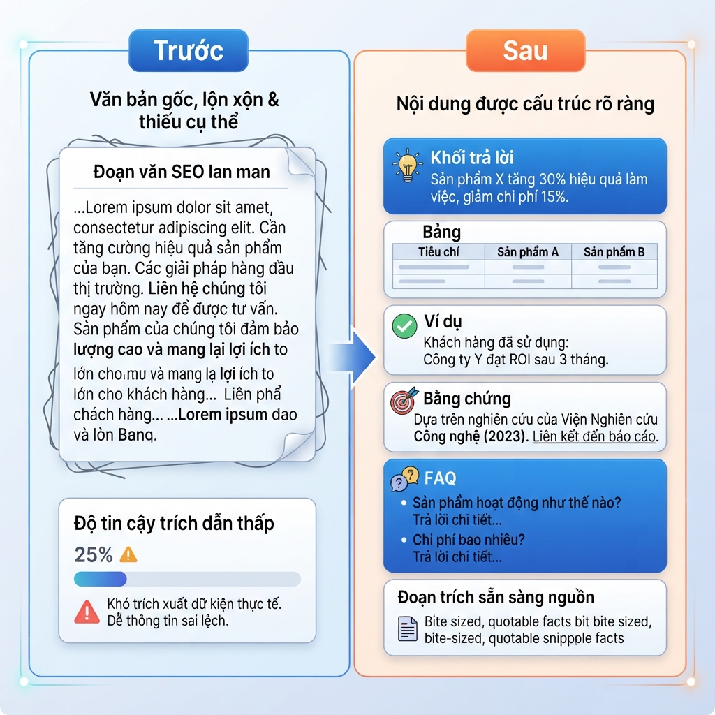Sơ đồ trước-sau về trích xuất nội dung, cho thấy nội dung SEO mơ hồ được xây lại thành khối trả lời, bảng, ví dụ, bằng chứng và FAQ.