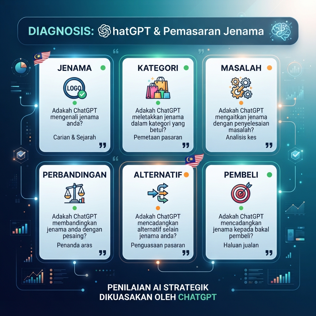 Grid prompt diagnostik untuk menyemak sama ada ChatGPT mengenali, membandingkan, memetik atau mengesyorkan jenama.