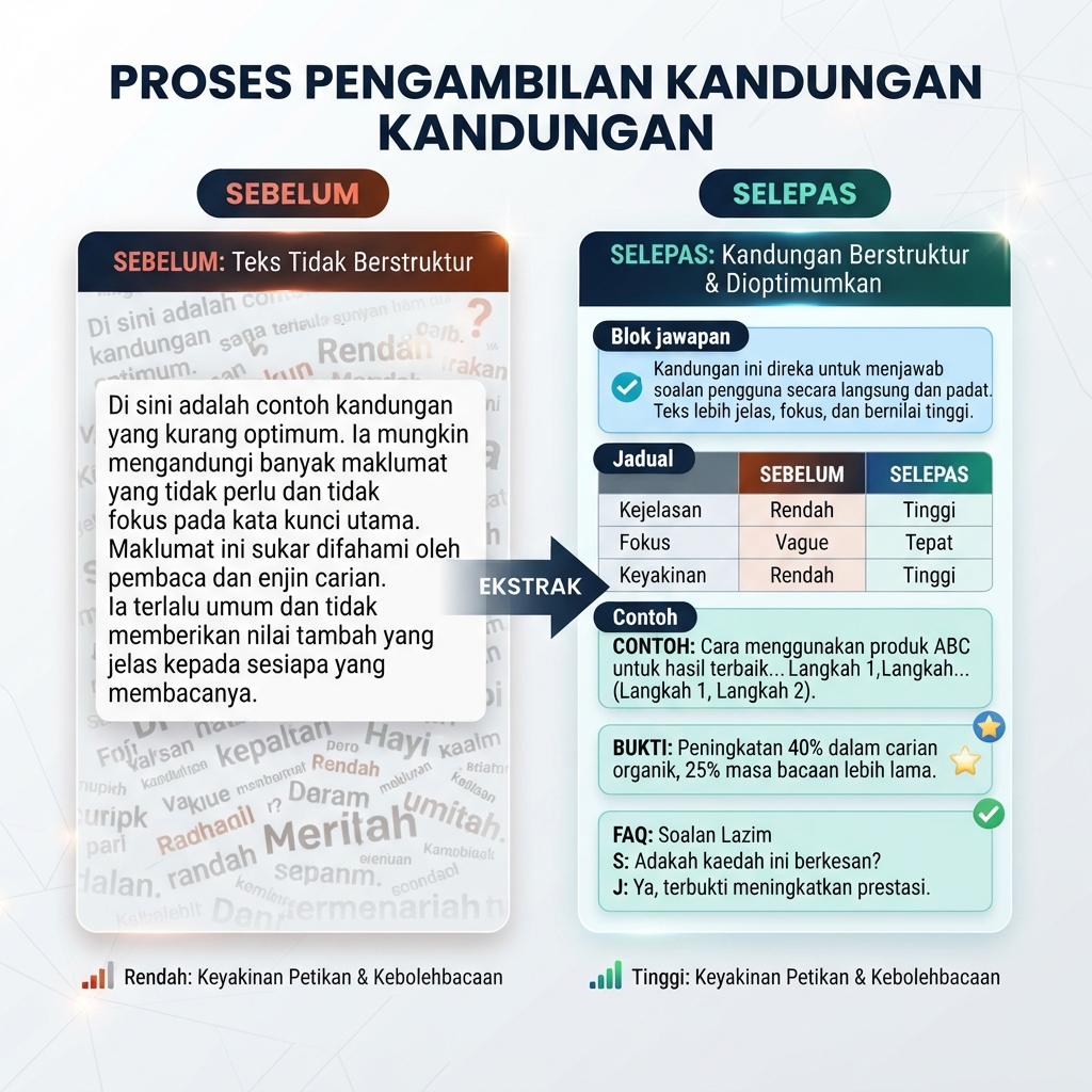Rajah sebelum dan selepas ekstraksi kandungan yang menunjukkan copy SEO kabur dibina semula menjadi blok jawapan, jadual, contoh, bukti dan FAQ.