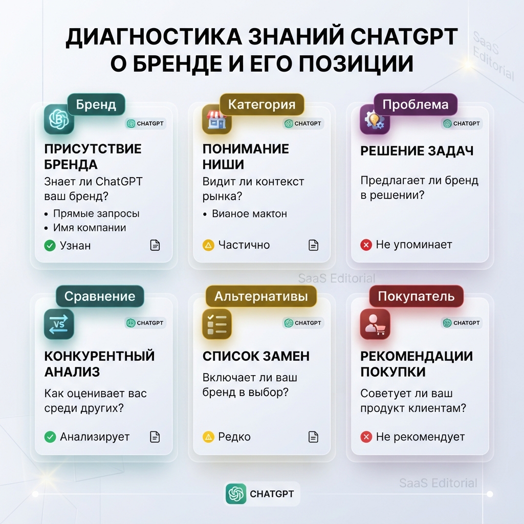 Диагностическая сетка prompt для проверки, знает ли ChatGPT бренд, сравнивает ли его, цитирует или рекомендует.