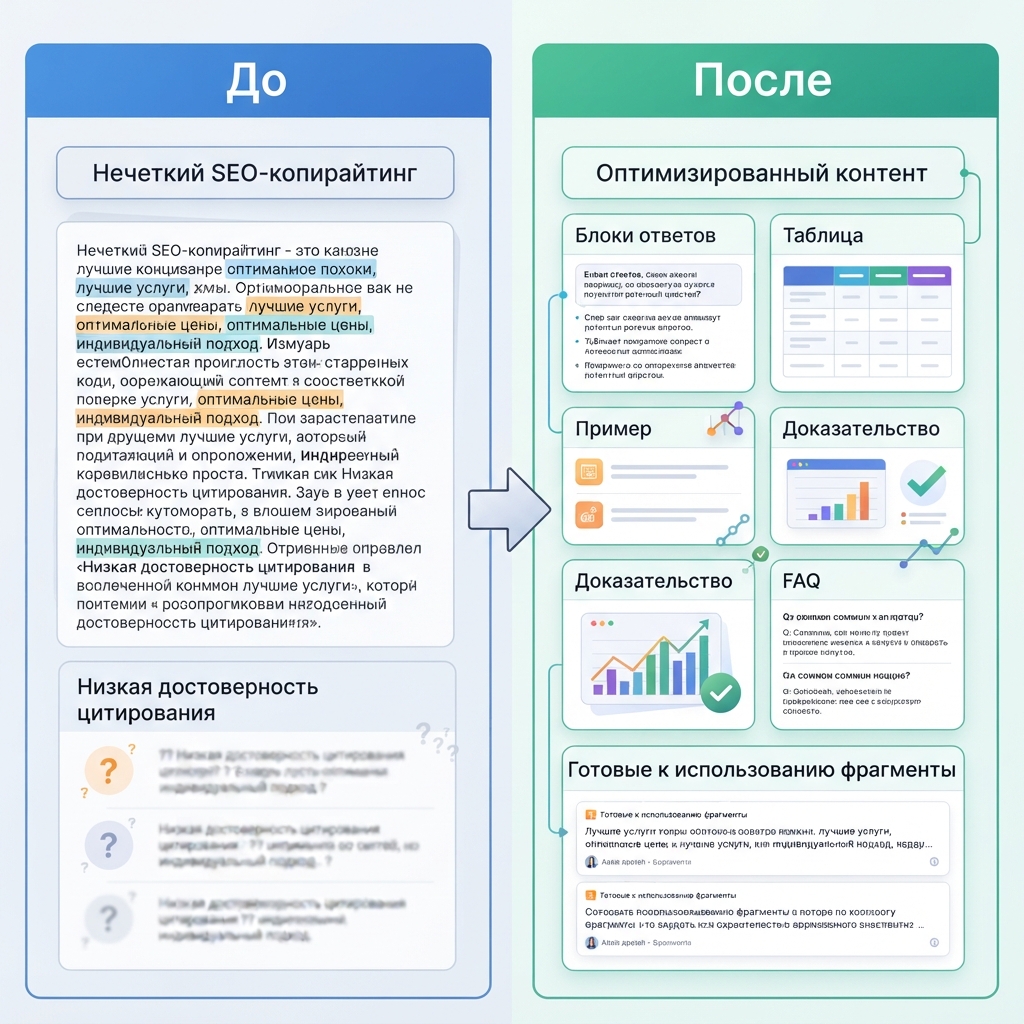Диаграмма до и после извлечения контента: размытый SEO-текст перестроен в блоки ответов, таблицы, примеры, доказательства и FAQ.