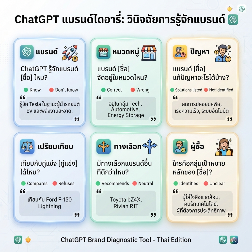 กริด prompt สำหรับวินิจฉัยว่า ChatGPT รู้จัก เปรียบเทียบ อ้างอิง หรือแนะนำแบรนด์หรือไม่