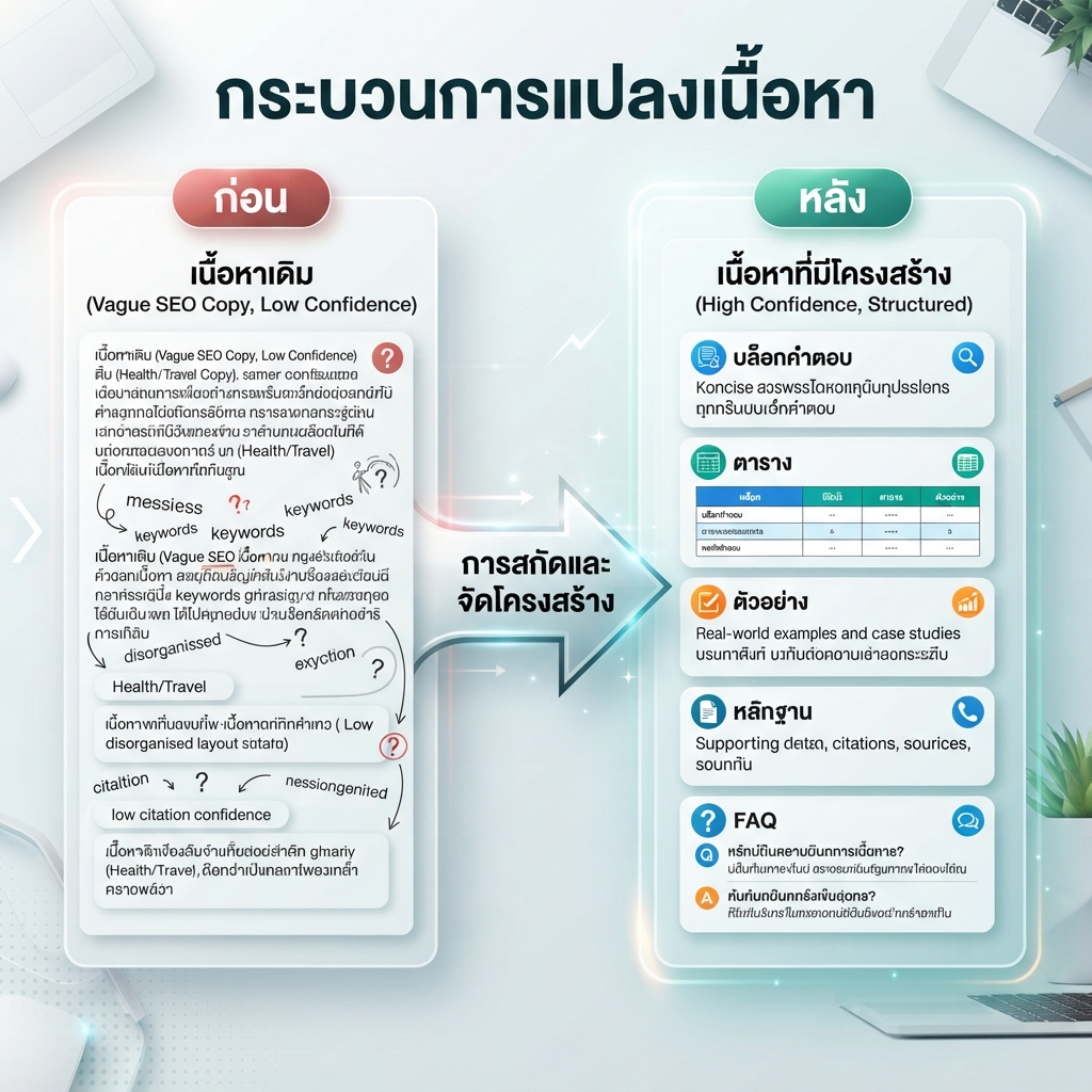 ไดอะแกรมก่อนและหลังการ extraction content แสดง copy SEO ที่คลุมเครือถูกสร้างใหม่เป็นบล็อกคำตอบ ตาราง ตัวอย่าง หลักฐาน และ FAQ