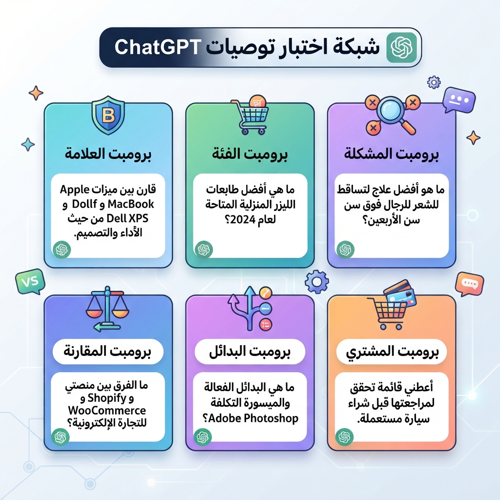 شبكة برومبتات تشخيصية للتحقق مما إذا كان ChatGPT يعرف العلامة، يقارنها، يستشهد بها، أو يوصي بها.