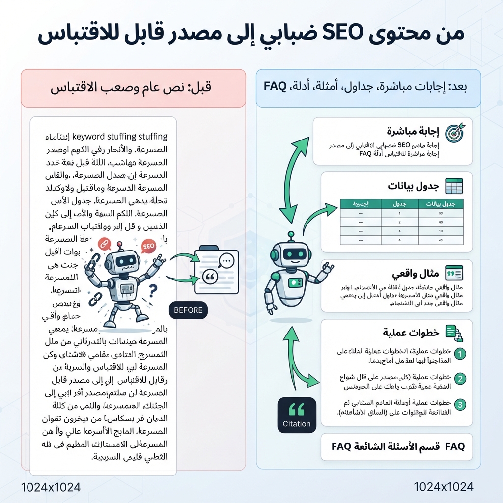 مخطط قبل وبعد يوضح تحويل نص SEO غامض إلى كتل إجابة وجداول وأمثلة وأدلة وFAQ.