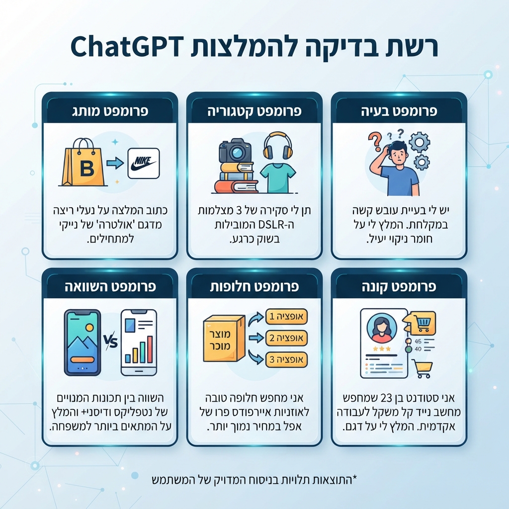 רשת פרומפטים אבחונית לבדיקה האם ChatGPT מכיר, משווה, מצטט או ממליץ על מותג.