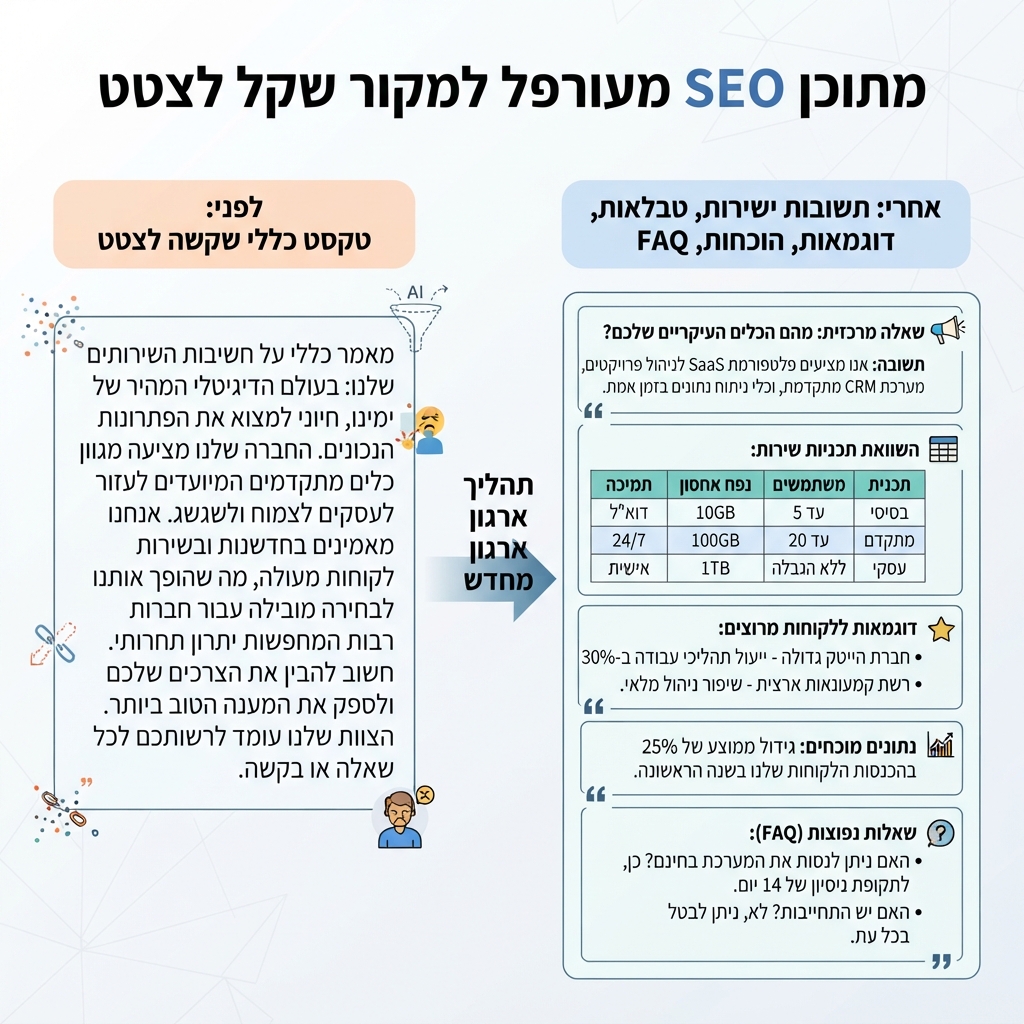 תרשים לפני ואחרי שמראה איך טקסט SEO מעורפל נבנה מחדש לבלוקי תשובה, טבלאות, דוגמאות, הוכחות ו-FAQ.