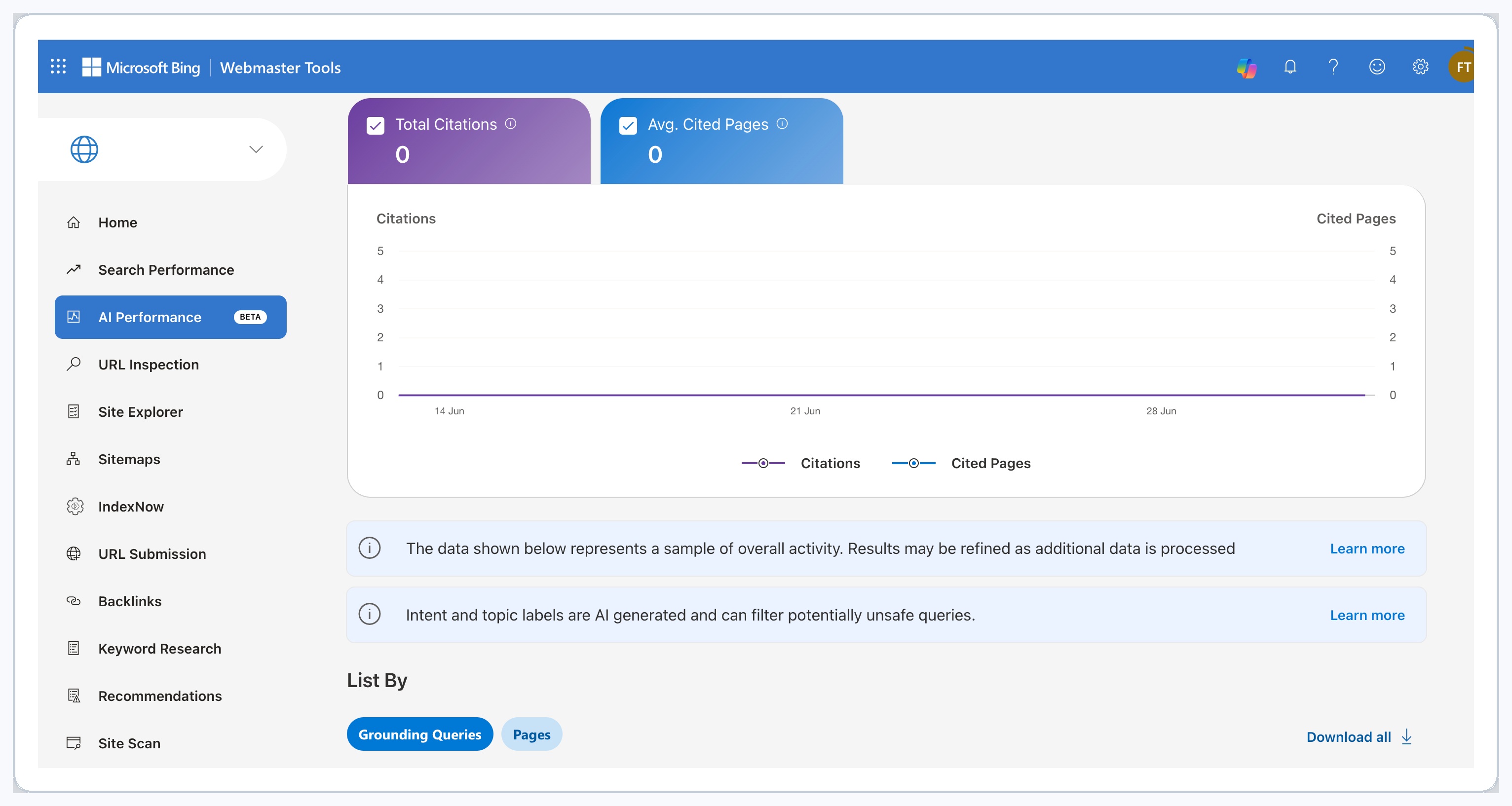 Bing Webmaster Tools AI Performance dashboard with total citations, cited pages, grounding queries, and pages tabs