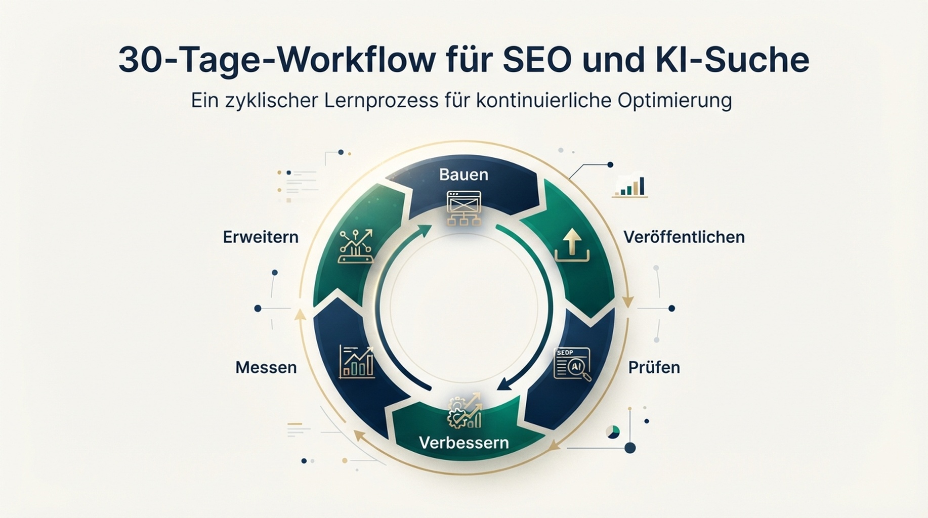 30-Tage-Lernschleife für SEO und AI Search mit Bauen, Veröffentlichen, Prüfen, Verbessern, Messen und Auswahl der nächsten Plattform