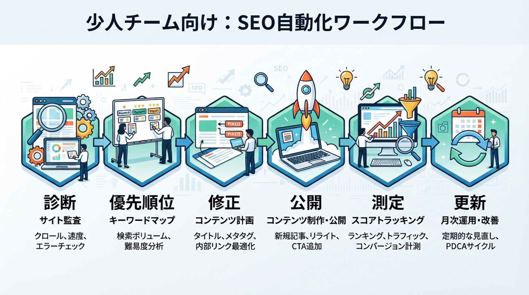 小規模チーム向けのSEO自動化ワークフロー。監査、キーワードマップ、コンテンツ計画、技術チェック、AI検索への準備状況、月次改善ループを示す