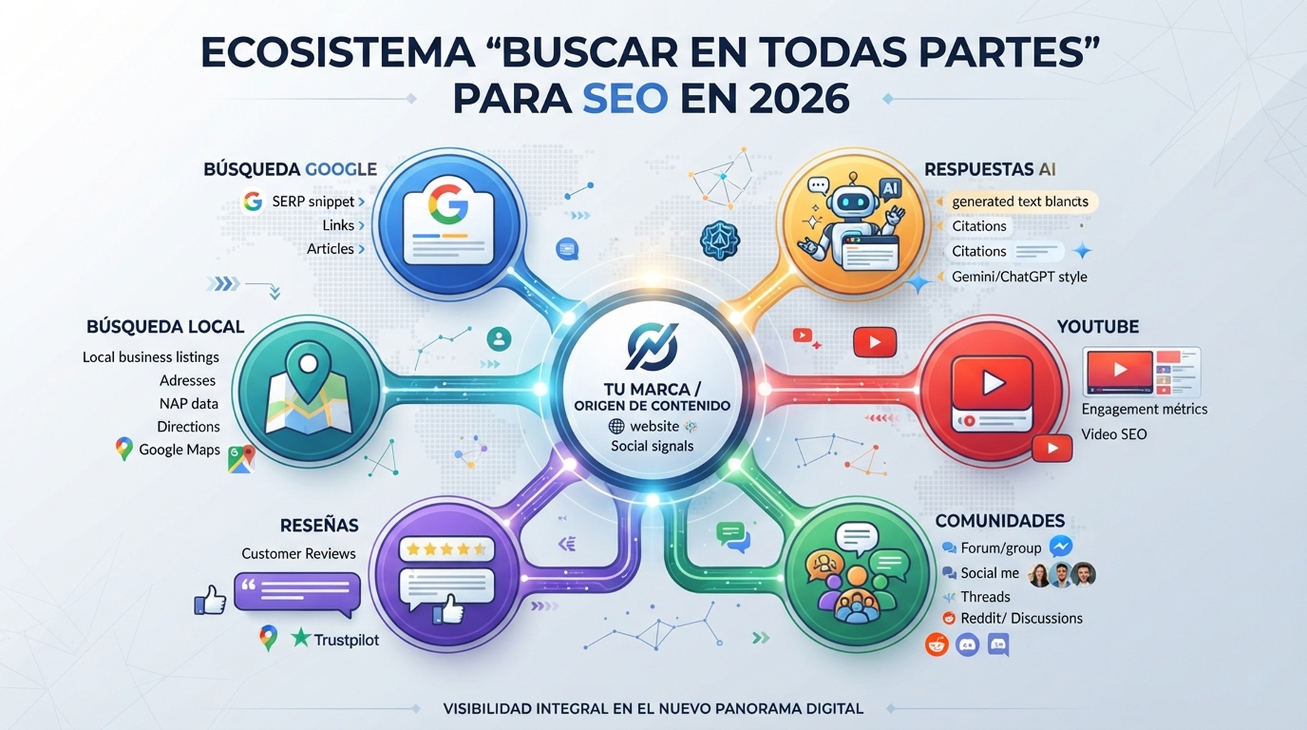 Mapa de búsqueda en todas partes que muestra Google Search, respuestas de AI, YouTube, comunidades, sitios de reseñas y resultados locales como superficies de descubrimiento