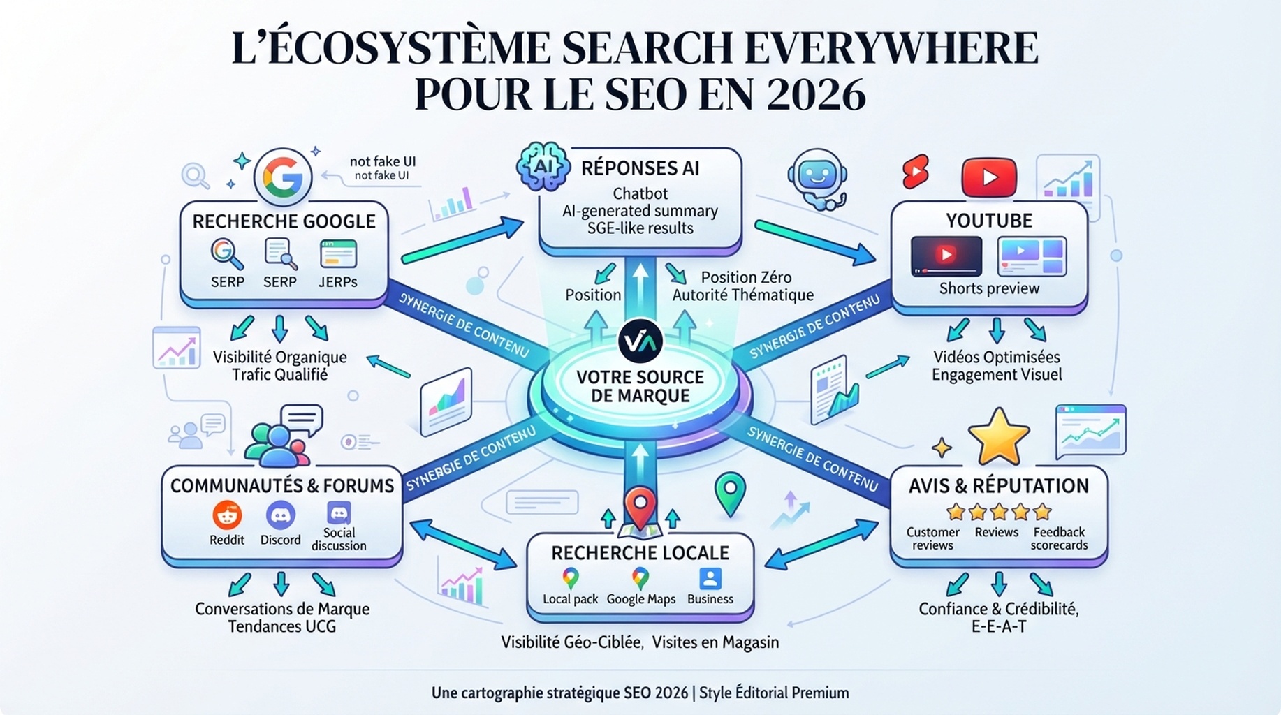 Carte du search everywhere montrant Google Search, les réponses d’AI, YouTube, les communautés, les sites d’avis et les résultats locaux comme surfaces de découverte