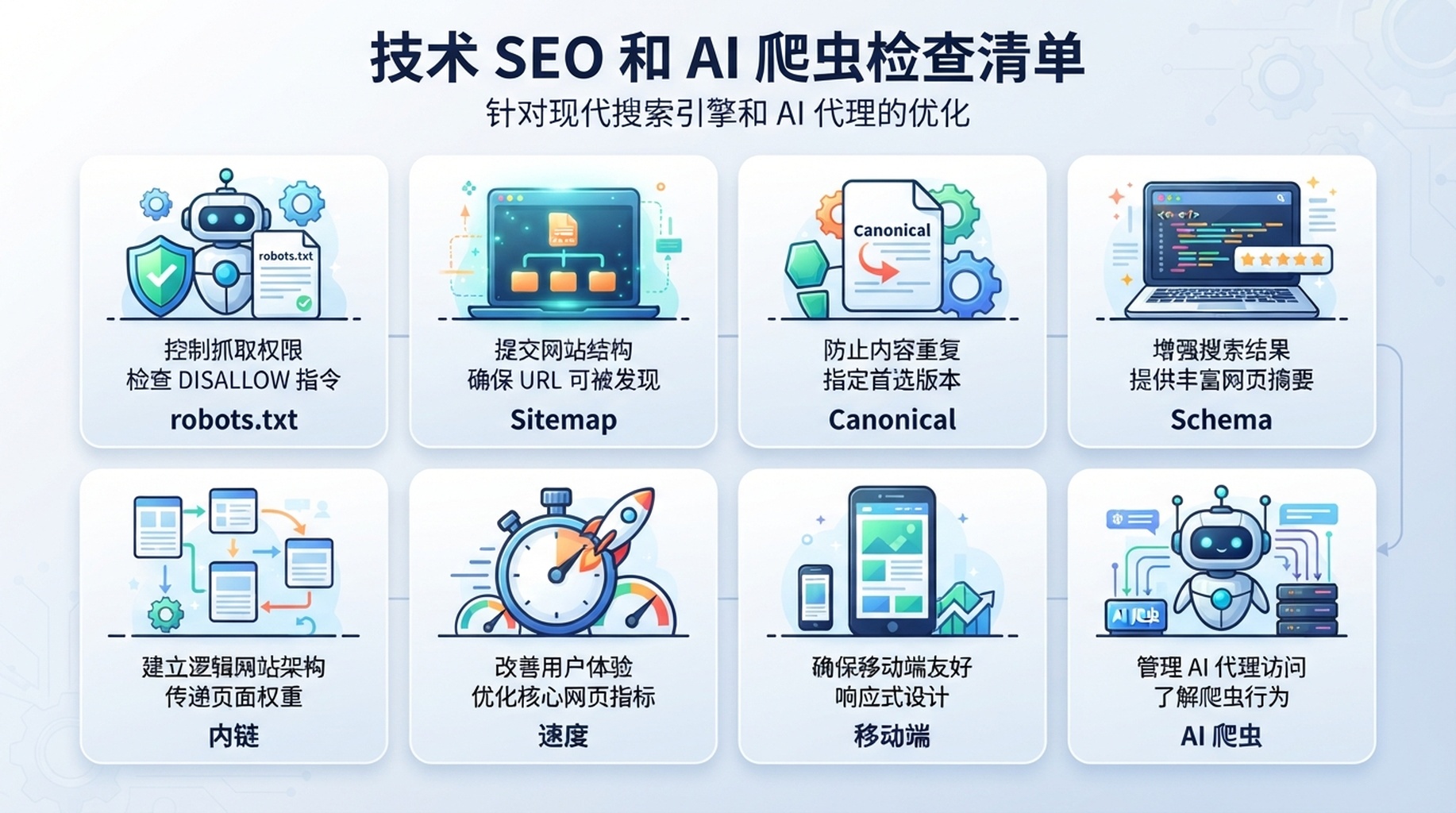 技术 SEO 和 AI 爬虫清单，包含 robots.txt、sitemap、canonical 标签、schema、内链、速度和 AI 爬虫访问