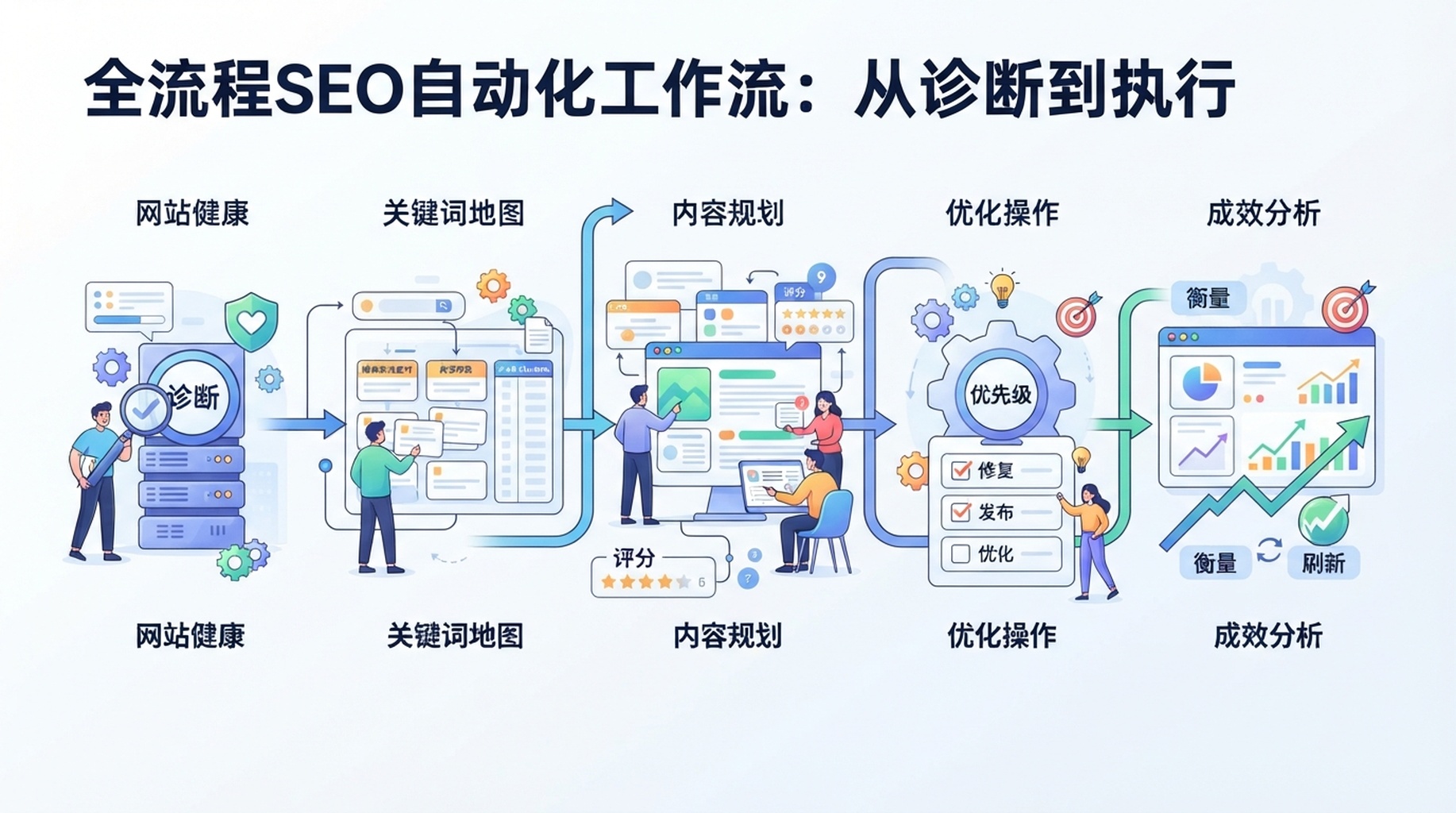 面向小团队的 SEO 自动化工作流，展示审计、关键词地图、内容计划、技术检查、AI 搜索准备度和月度改进闭环