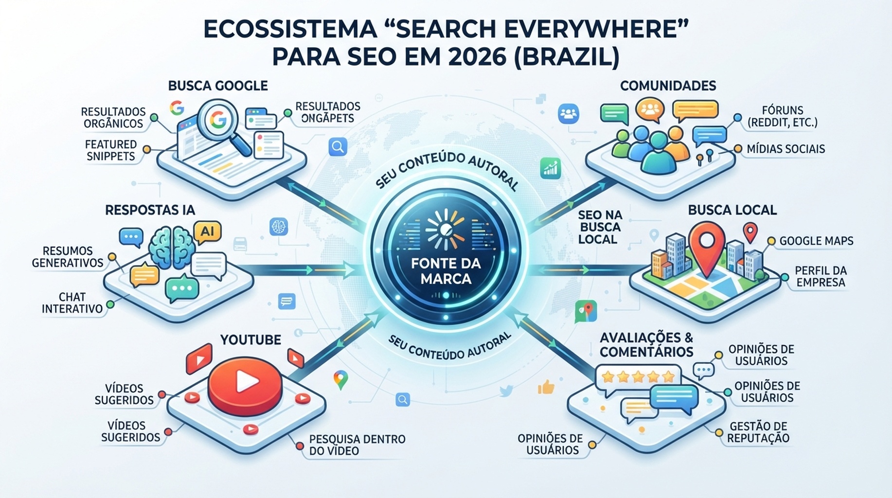 Mapa de search everywhere mostrando Google Search, respostas de AI, YouTube, comunidades, sites de avaliação e resultados locais como superfícies de descoberta