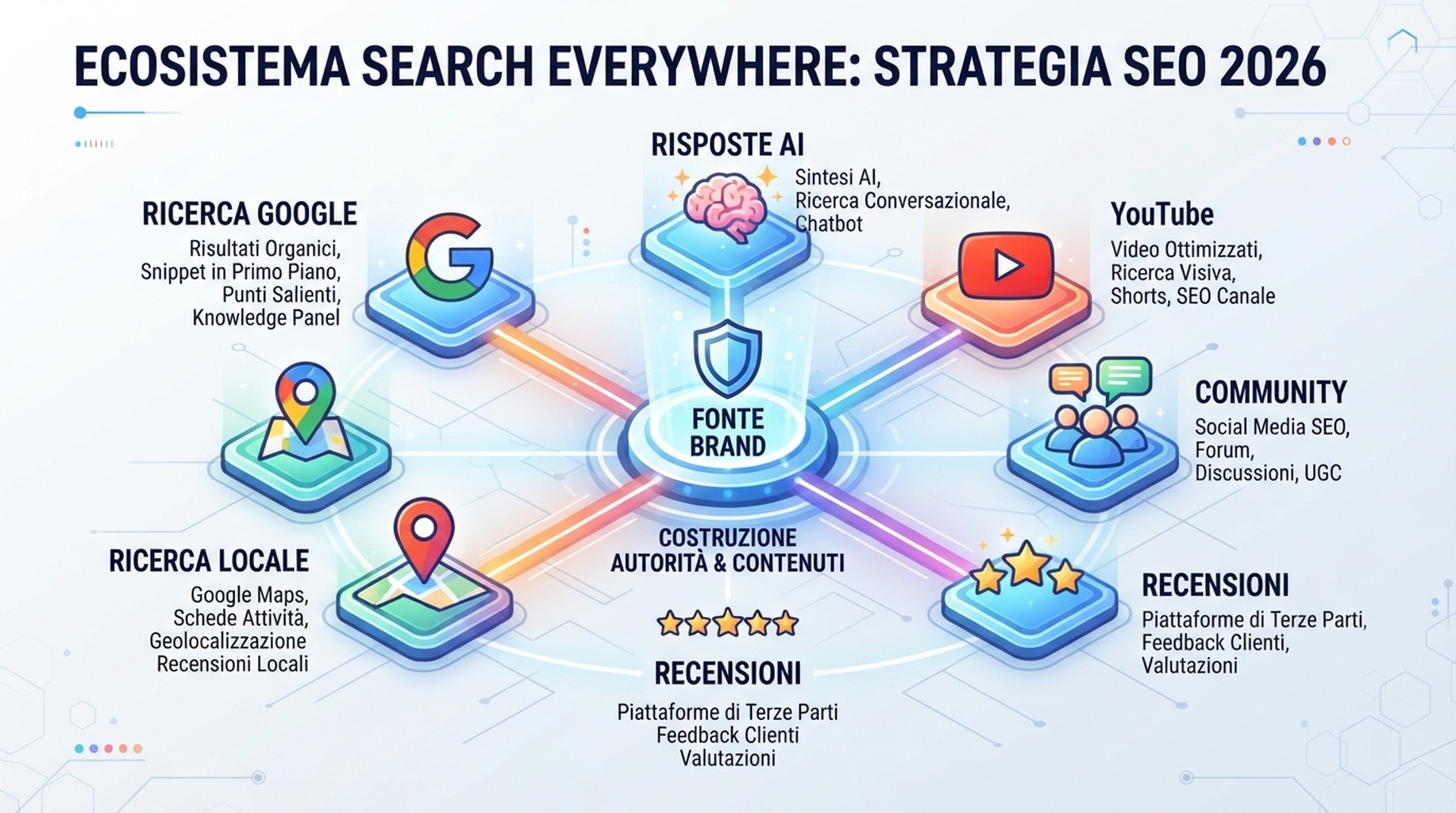 Mappa search everywhere che mostra Google Search, risposte AI, YouTube, community, siti di recensioni e risultati locali come superfici di scoperta