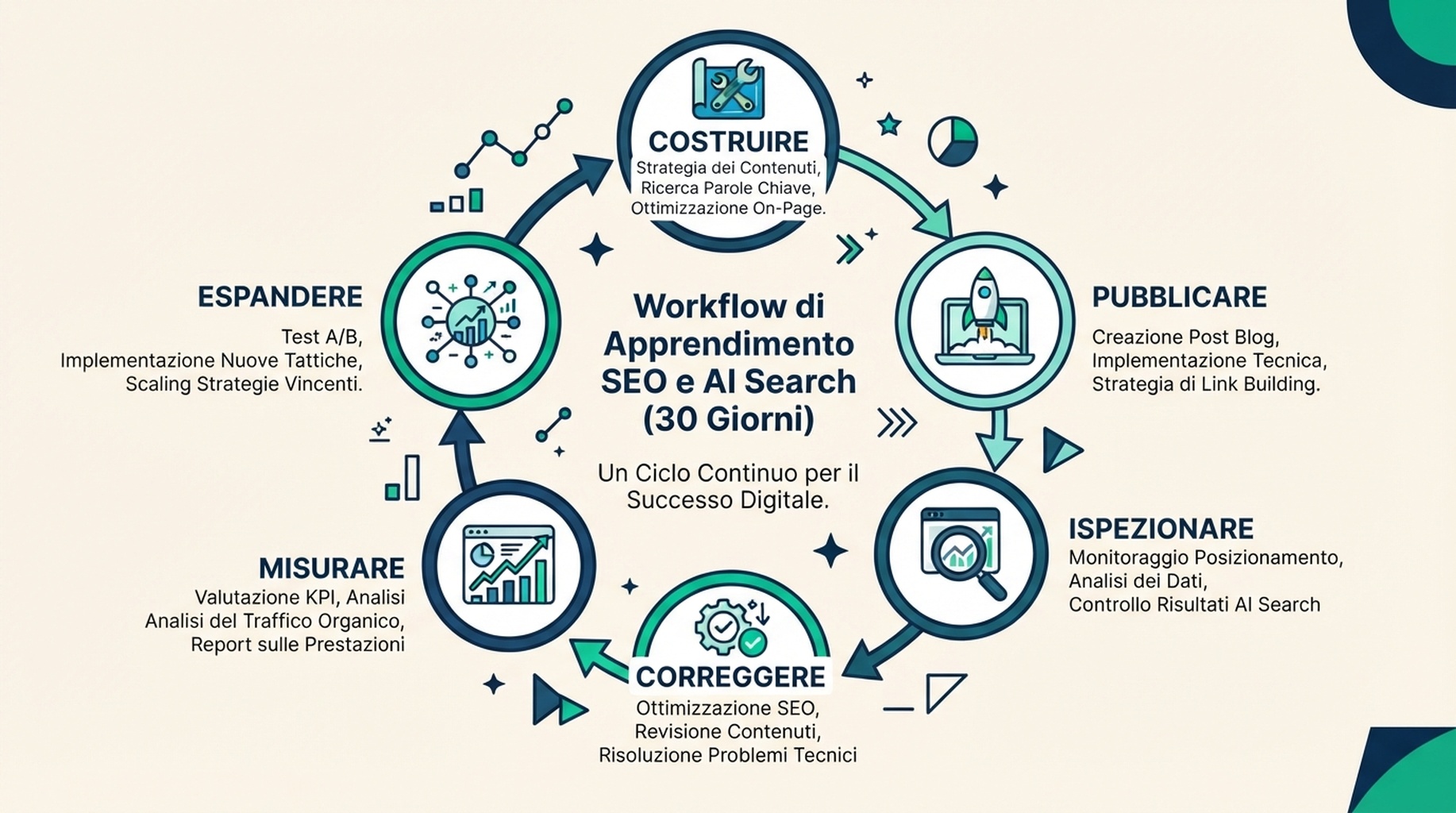 Ciclo di apprendimento di 30 giorni per SEO e ricerca AI che mostra costruire, pubblicare, ispezionare, correggere, misurare e scegliere la prossima piattaforma