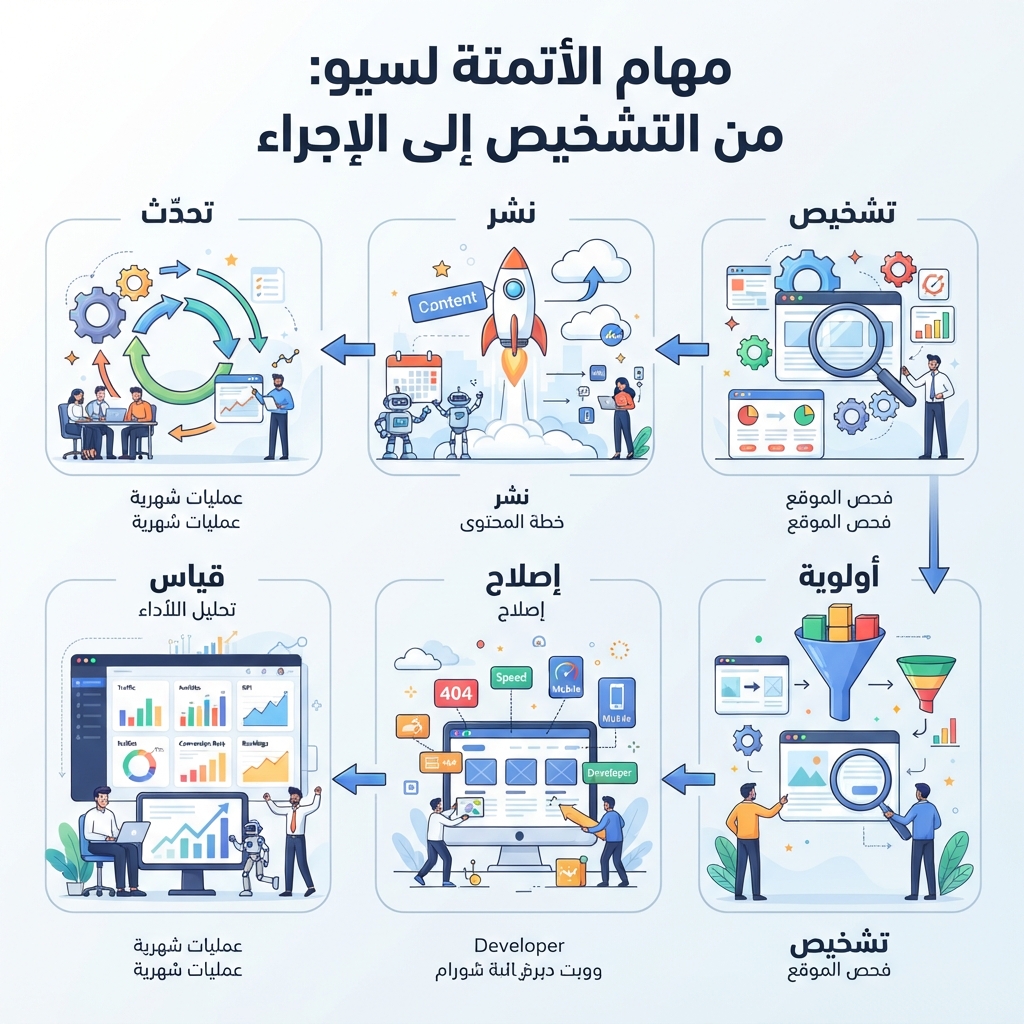 سير عمل أتمتة SEO للفرق الصغيرة، يوضح التدقيق، خريطة الكلمات المفتاحية، خطة المحتوى، الفحوص التقنية، جاهزية بحث AI، وحلقة التحسين الشهرية