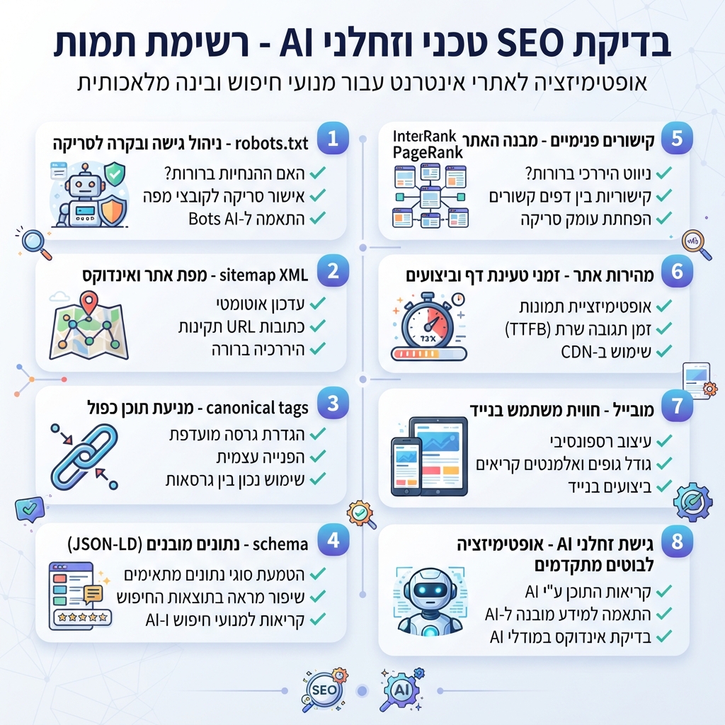 רשימת בדיקות technical SEO וזחלני AI, כולל robots.txt, sitemap, canonical tags, schema, קישורים פנימיים, מהירות וגישה לזחלני AI