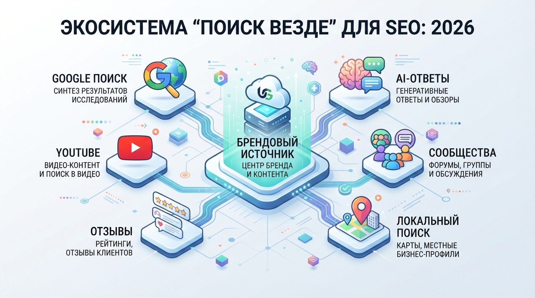 Карта search everywhere с Google Search, AI-ответами, YouTube, сообществами, сайтами отзывов и локальными результатами как поверхностями обнаружения