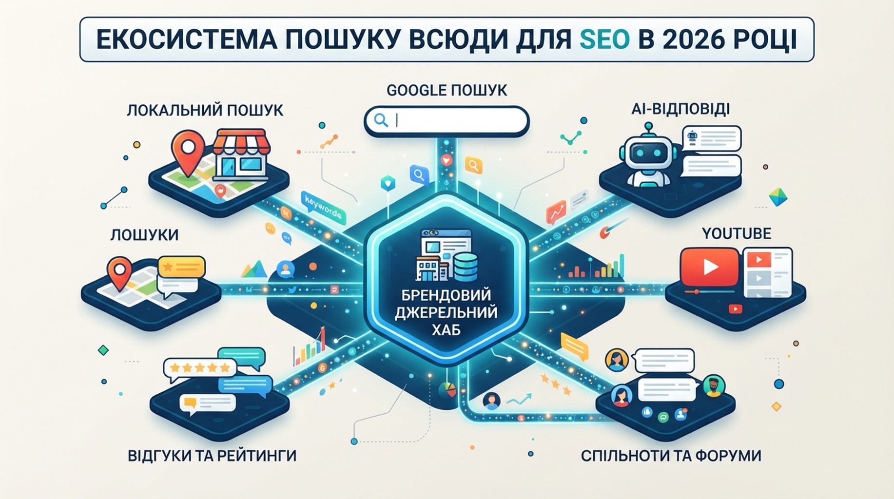 Мапа search everywhere із Google Search, AI-відповідями, YouTube, спільнотами, сайтами відгуків і локальними результатами як поверхнями відкриття