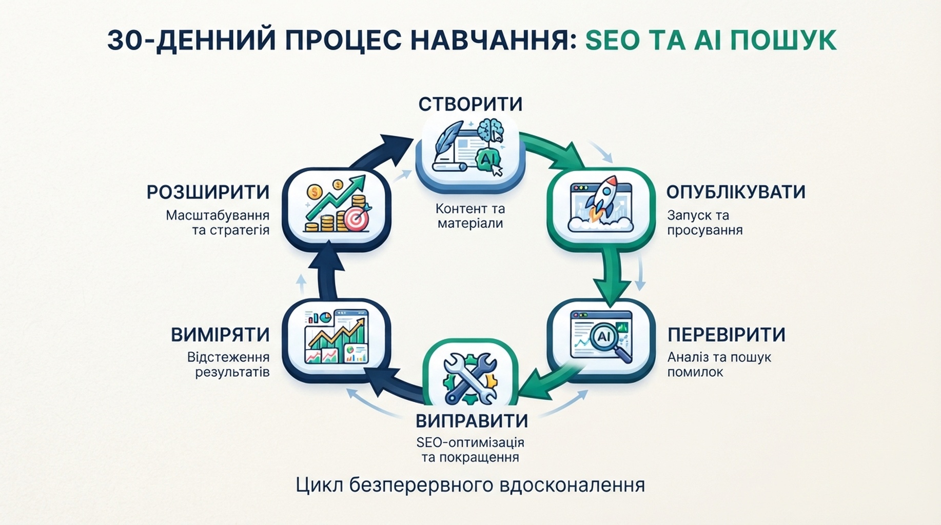 30-денний цикл навчання SEO та AI-пошуку: створити, опублікувати, перевірити, виправити, виміряти й обрати наступну платформу