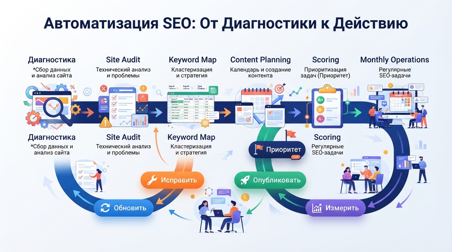 Рабочий процесс автоматизации SEO для небольших команд: аудит, карта ключевых слов, контент-план, технические проверки, готовность к AI-поиску и ежемесячный цикл улучшений