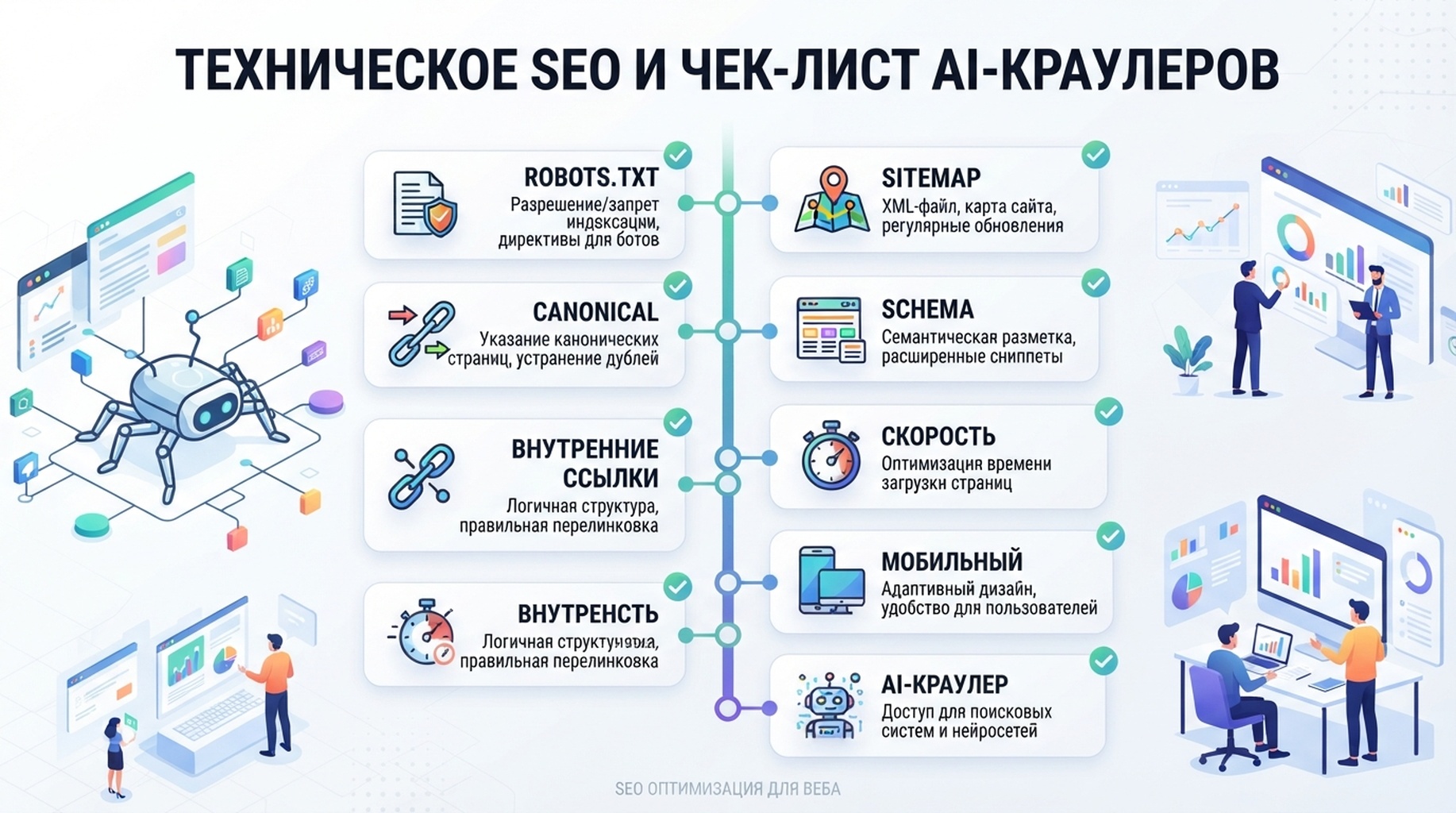 Чеклист technical SEO и AI-краулеров: robots.txt, sitemap, canonical tags, schema, внутренние ссылки, скорость и доступ AI-краулеров