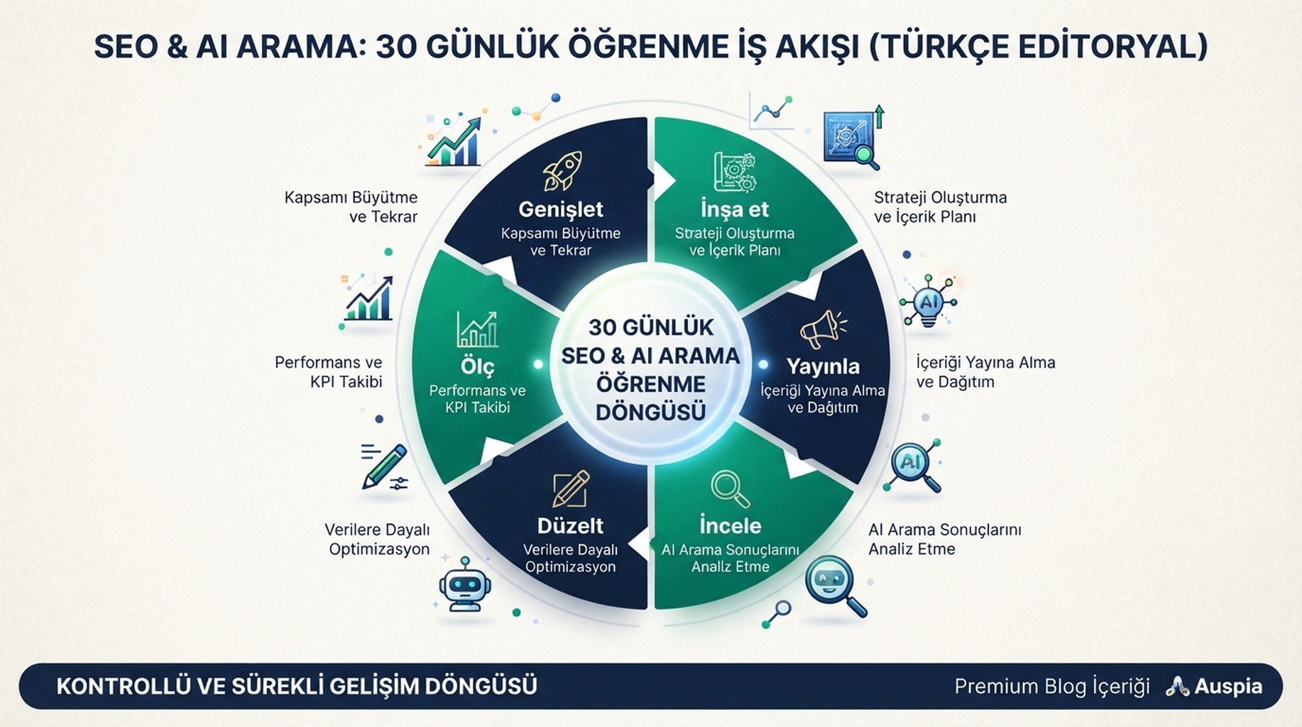 İnşa etme, yayınlama, inceleme, düzeltme, ölçme ve sonraki platformu seçmeyi gösteren 30 günlük SEO ve AI araması öğrenme döngüsü