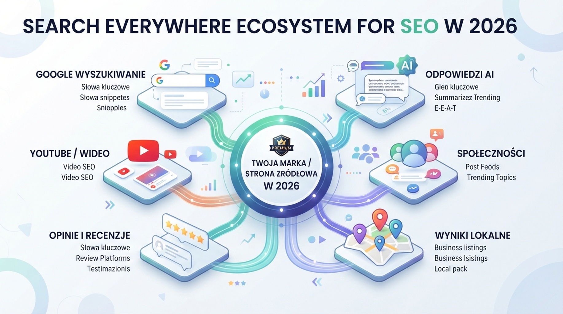 Mapa search everywhere pokazująca Google Search, odpowiedzi AI, YouTube, społeczności, serwisy z opiniami i wyniki lokalne jako powierzchnie odkrywania