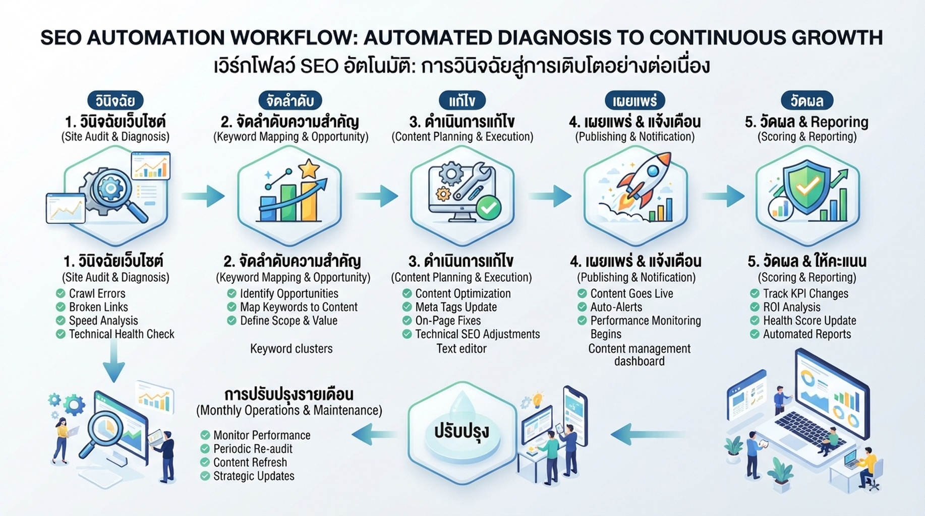 เวิร์กโฟลว์ SEO automation สำหรับทีมขนาดเล็ก แสดง audit, คีย์เวิร์ด map, content plan, technical checks, AI search readiness และ monthly improvement loop